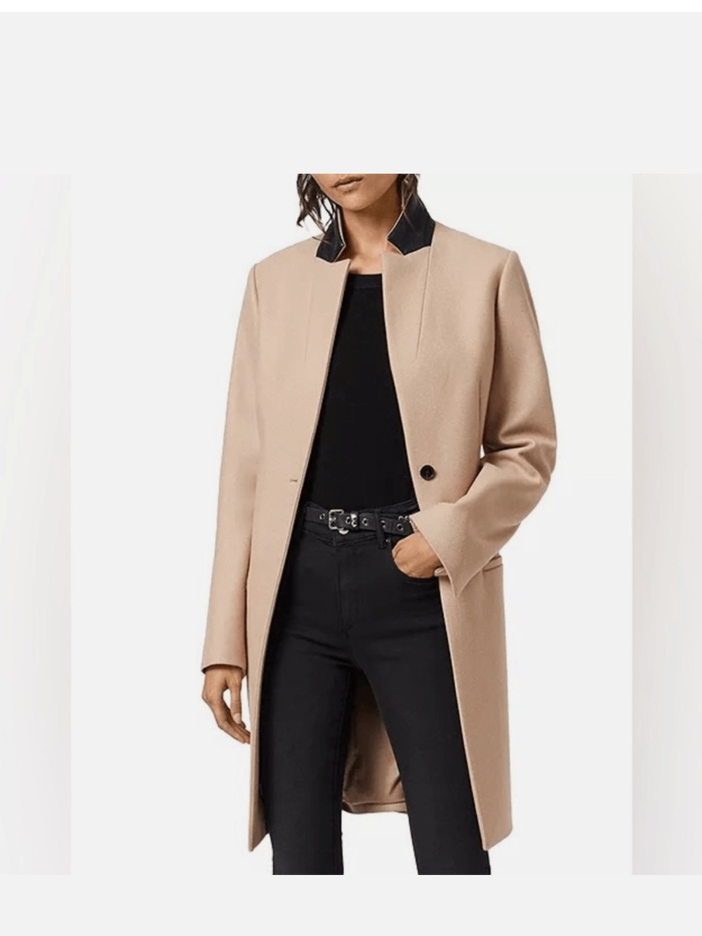 AllSaints Beige Trench Coat with Black Contrast Collar